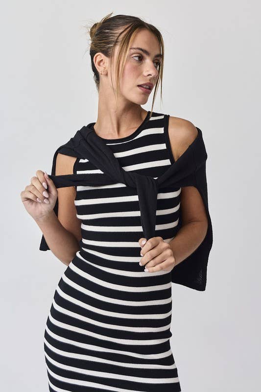 Black /white Midi Sleeveless Stripped Dress