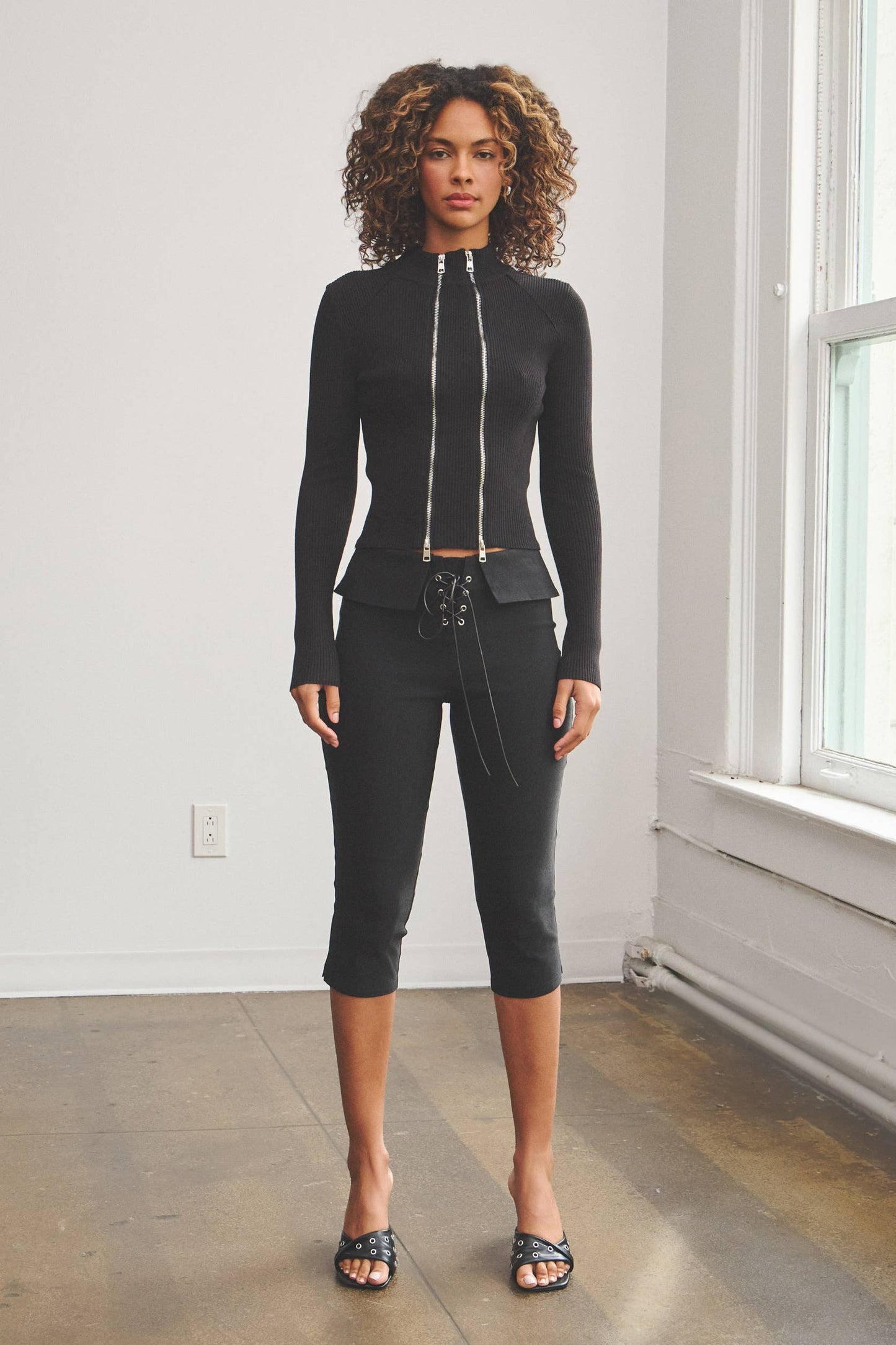 Double zipper detail ribbed mock neck top