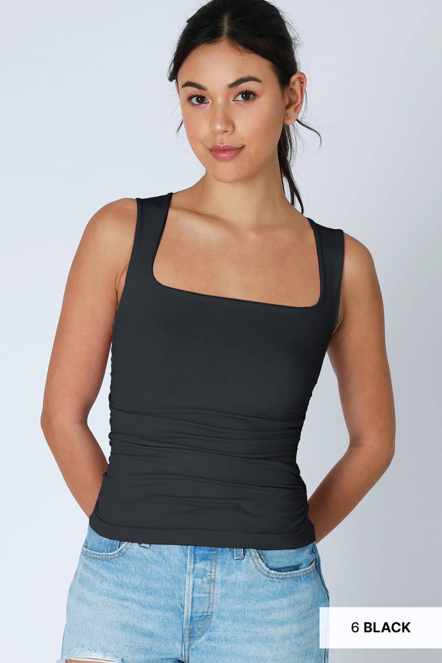 Black Clean Line Square Shirred Top
