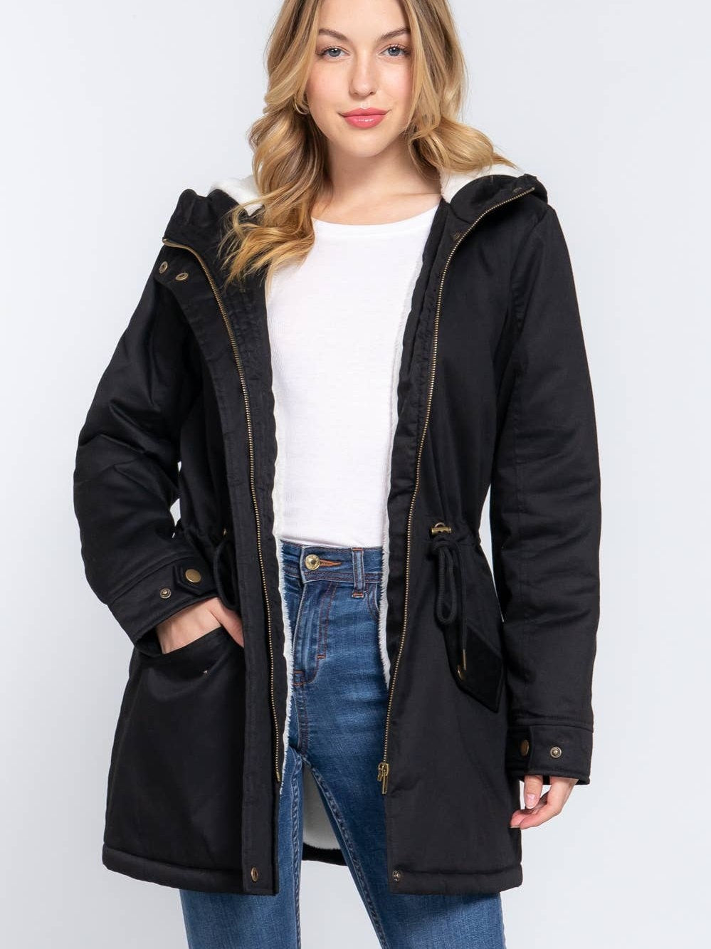 Fleece Lined Fur Hoodie Utility Jacket- two colors