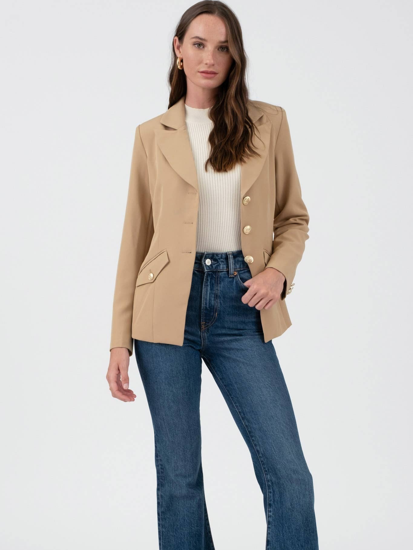Khaki Gold Hardware Button Cuff Blazer