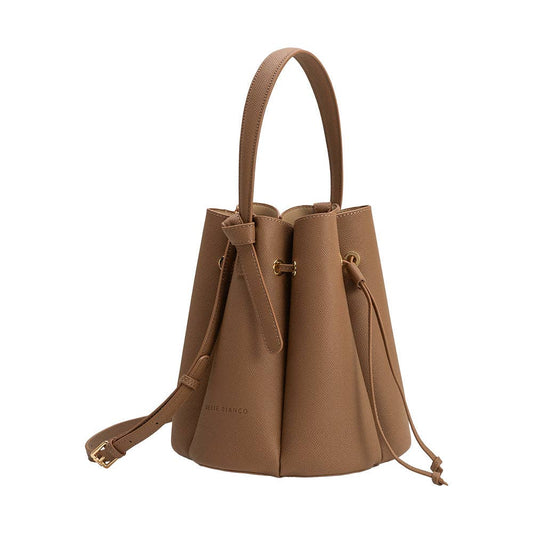 Brown leather handbag with gold accents on a white background