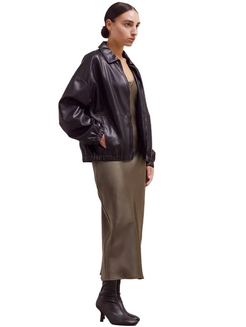 Women Leather Bomber Jacket - Black