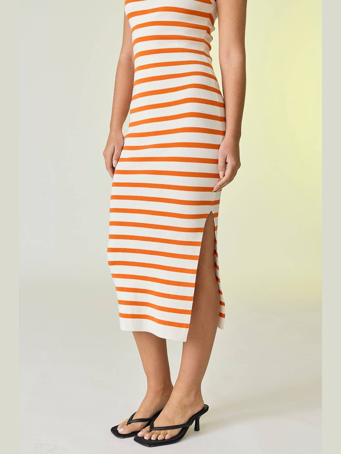 White/Orange Midi Sleeveless Stripped Dress