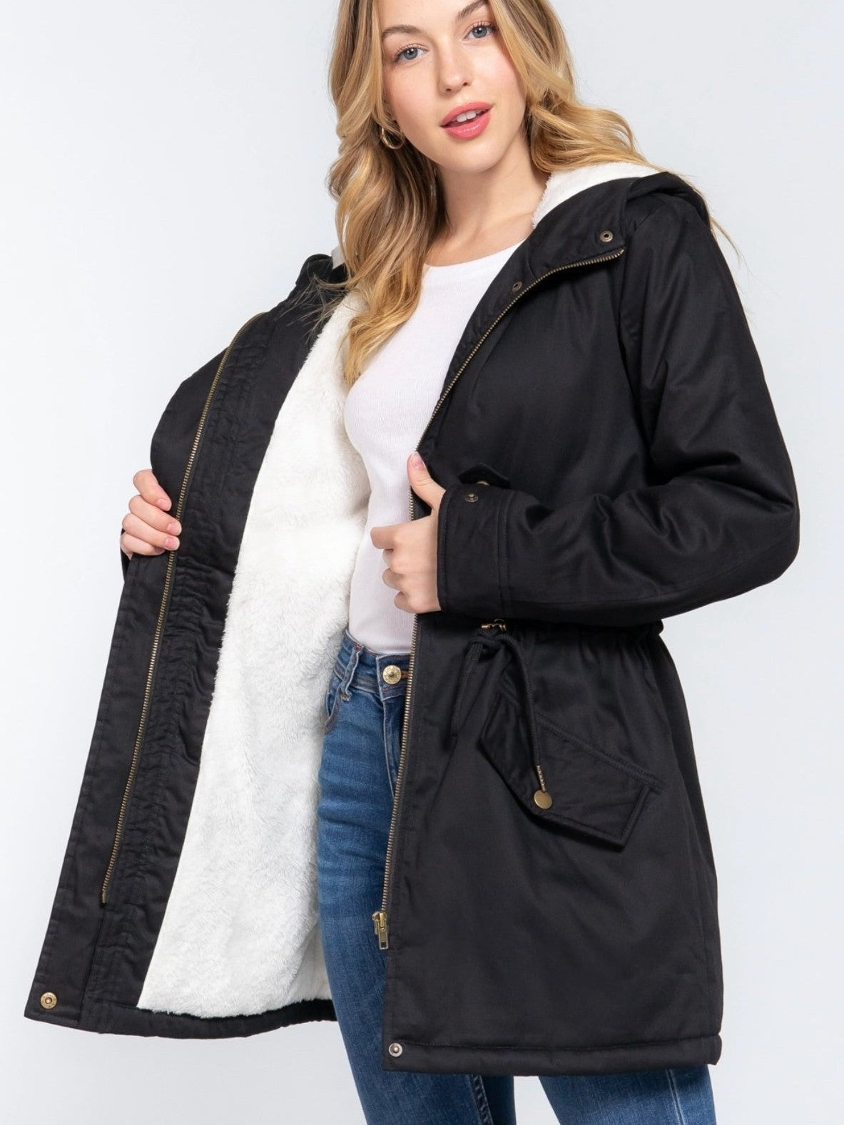 Fleece Lined Fur Hoodie Utility Jacket- two colors