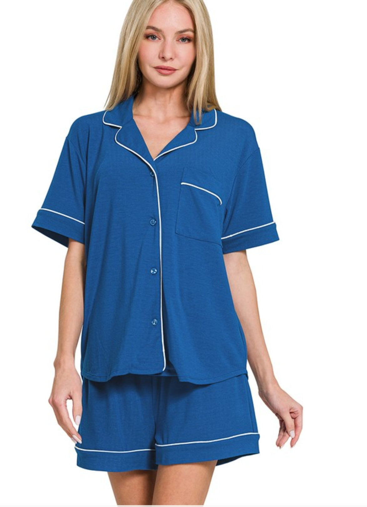 Short Sleeve Button Down Shirt & Shorts 2pcs Pajamas Set(several colors)