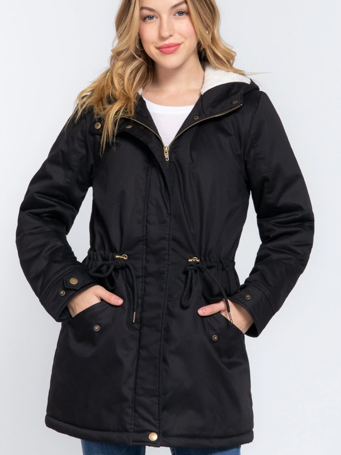 Fleece Lined Fur Hoodie Utility Jacket- two colors