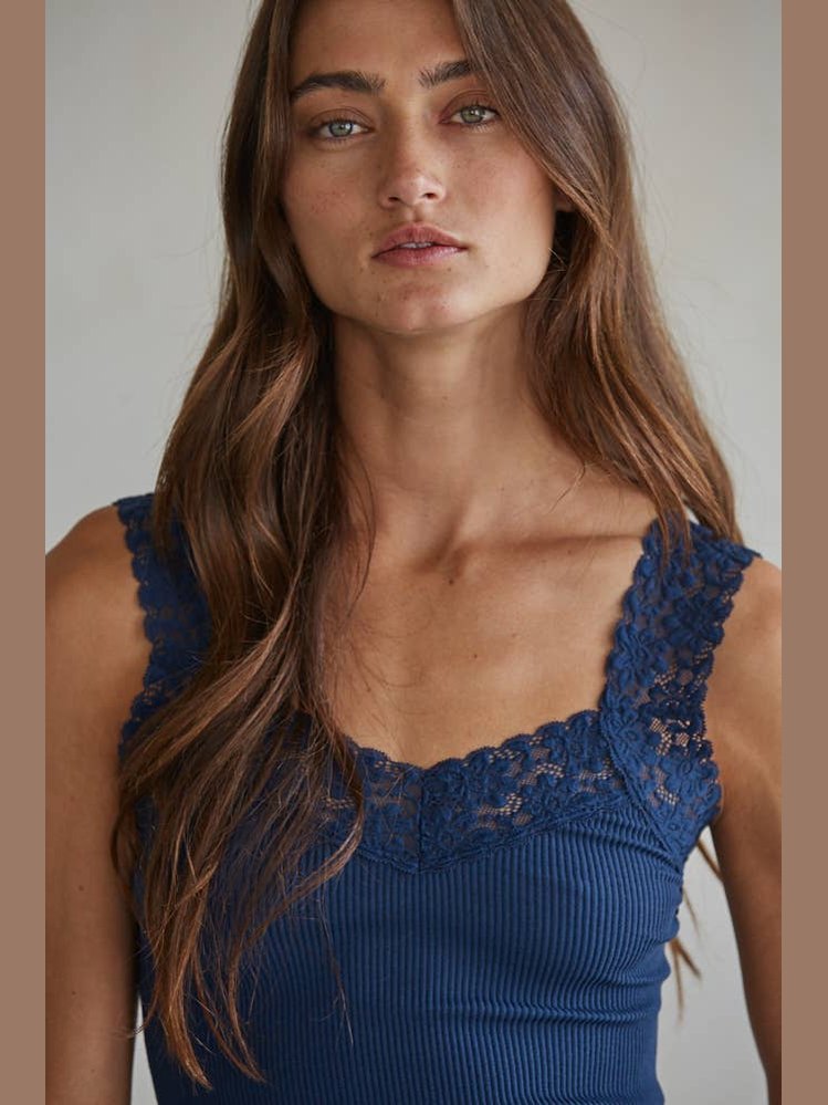 Knit Seamless Ribbed Tank Top with Lace Trim- Navy