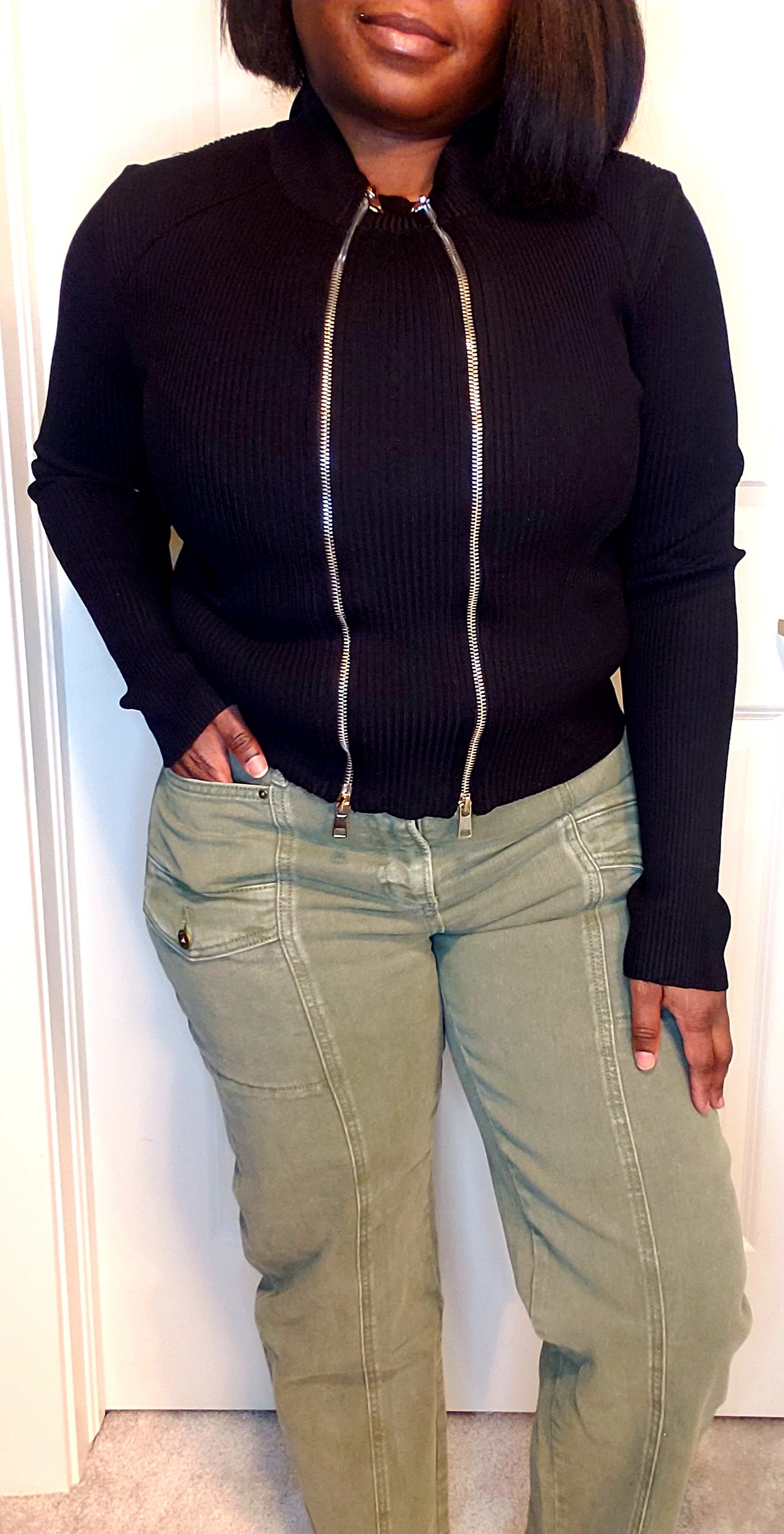 Double zipper detail ribbed mock neck top