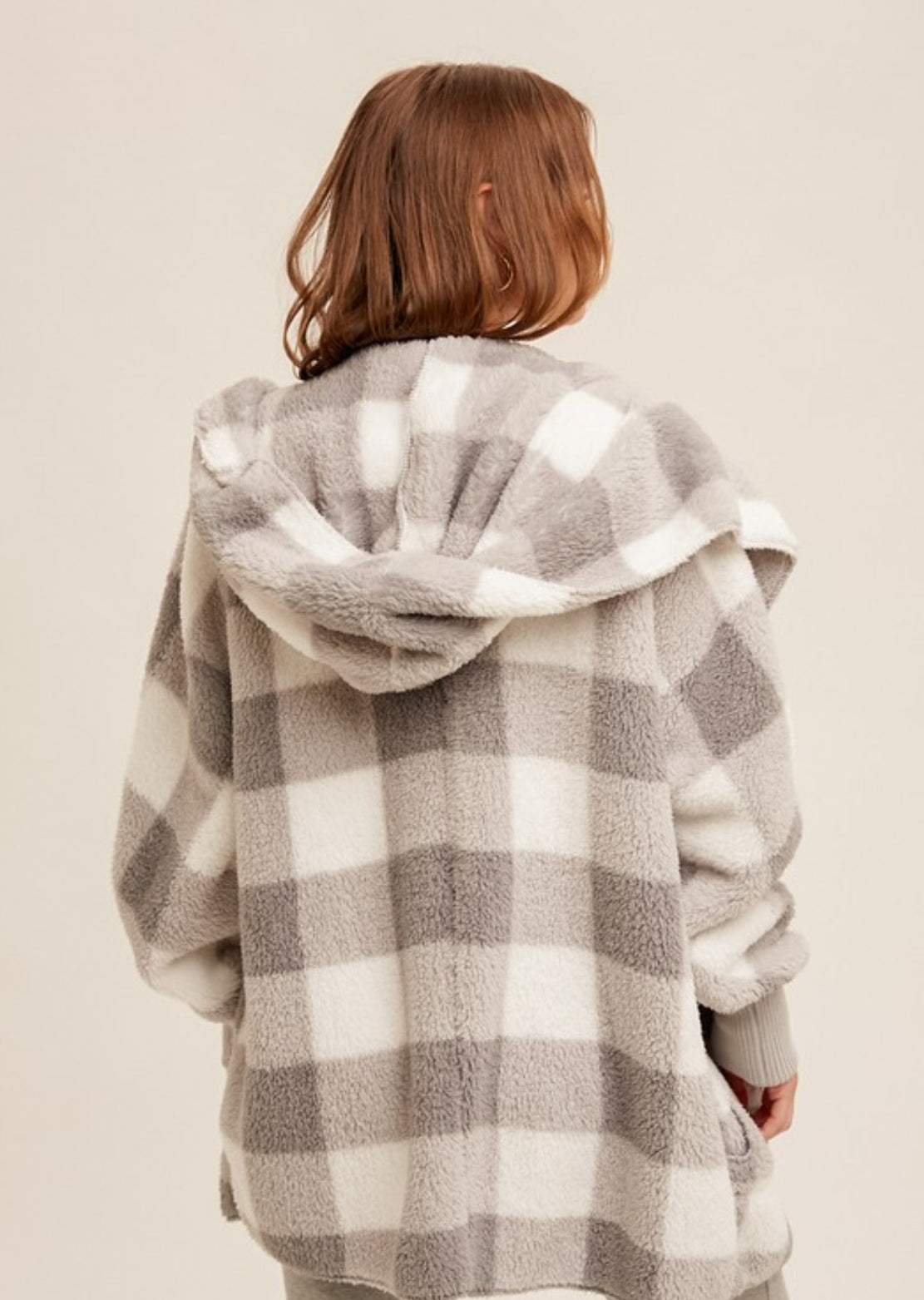 One size Check Print Faux fur So Soft plush hooded jacket with pockets(two colors)
