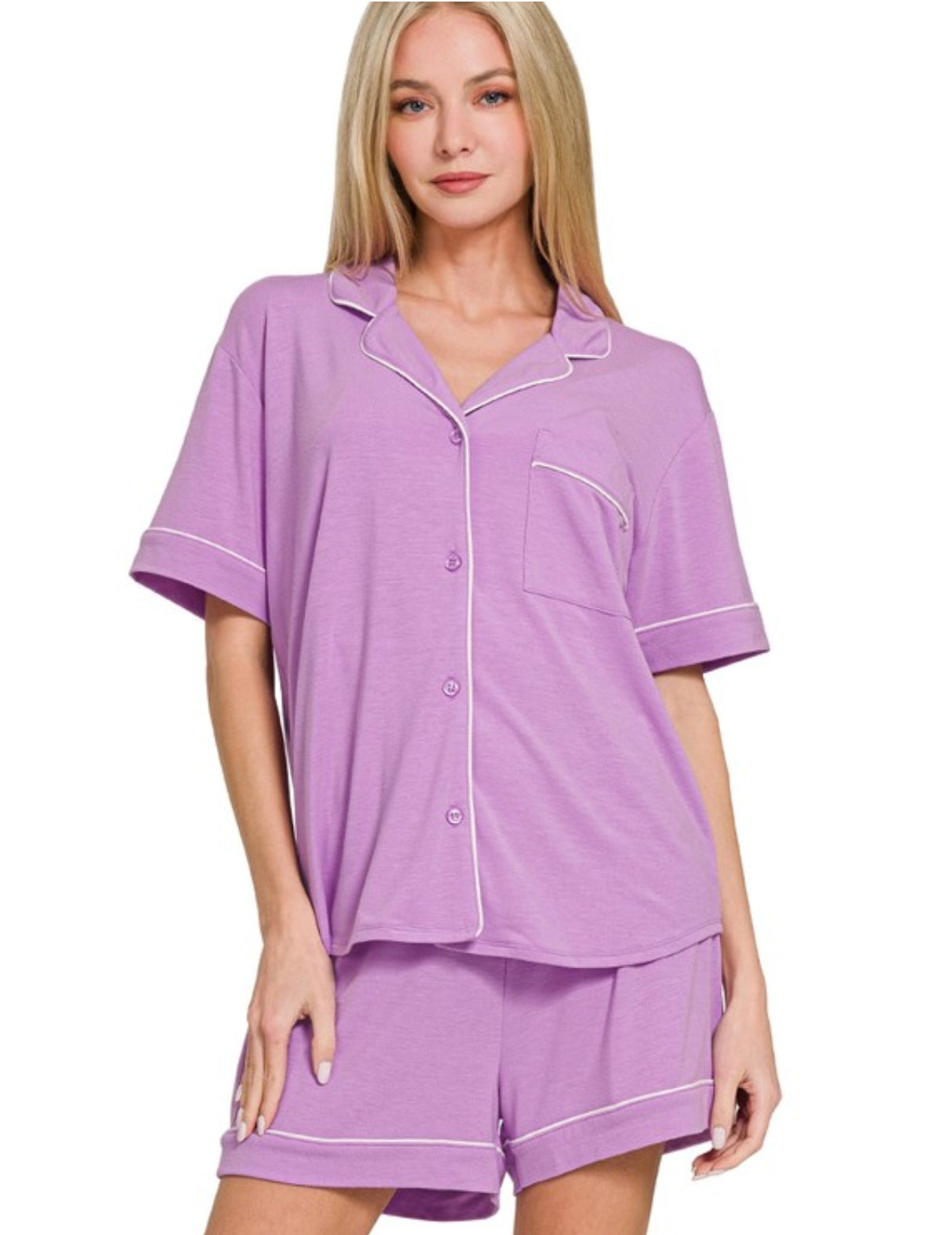 Short Sleeve Button Down Shirt & Shorts 2pcs Pajamas Set(several colors)