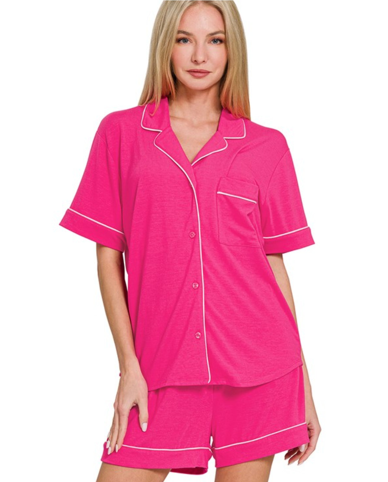Short Sleeve Button Down Shirt & Shorts 2pcs Pajamas Set(several colors)