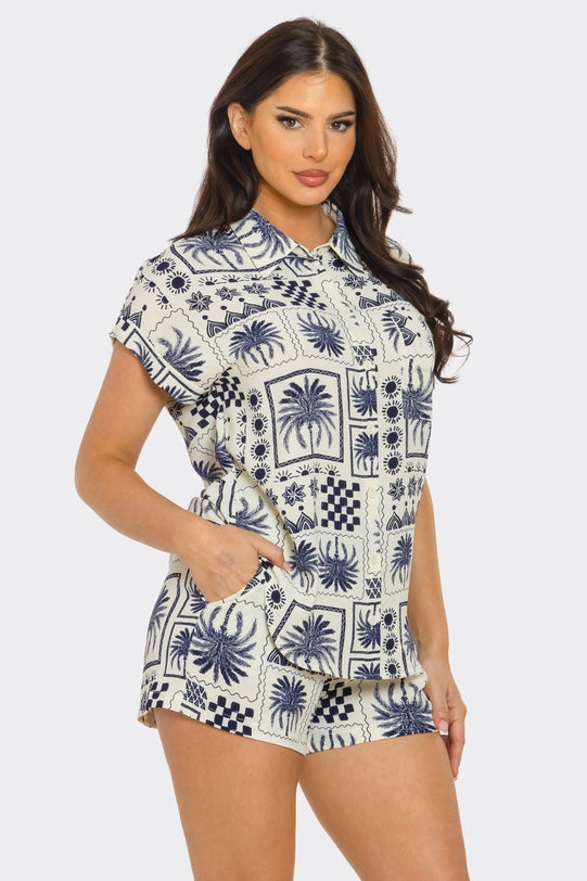 Navy Palm print Top and Shorts Set