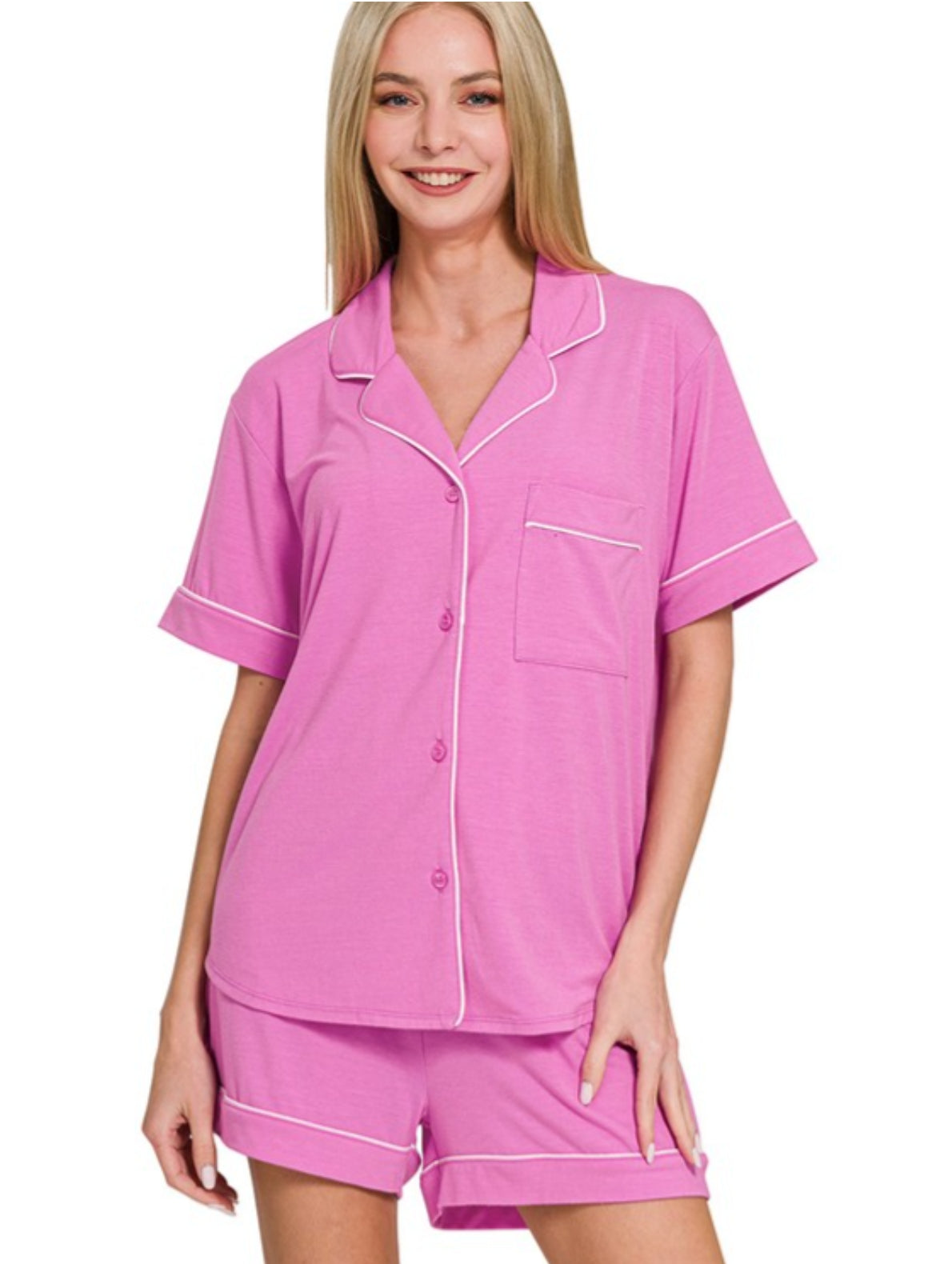 Short Sleeve Button Down Shirt & Shorts 2pcs Pajamas Set(several colors)