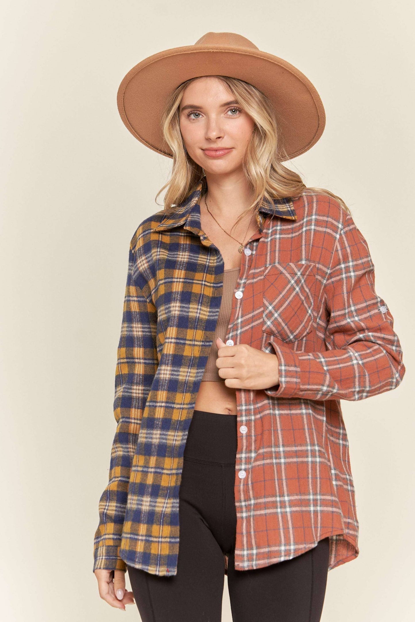 Button down multiple color plaid shirt