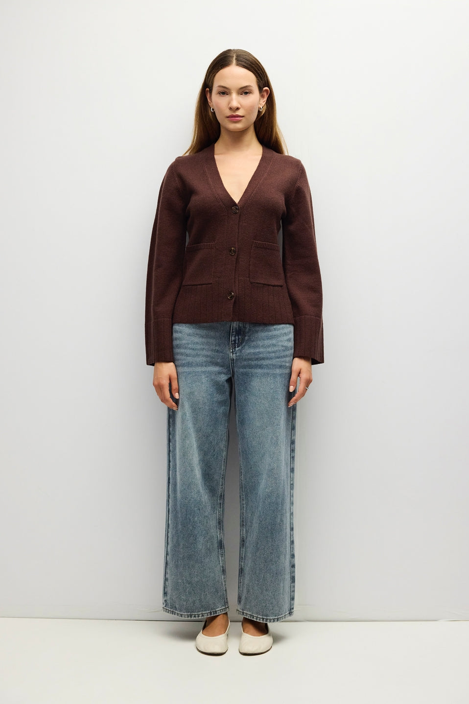 V Neck Cardigan Patch Pockets