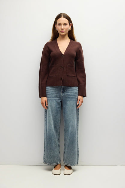 V Neck Cardigan Patch Pockets