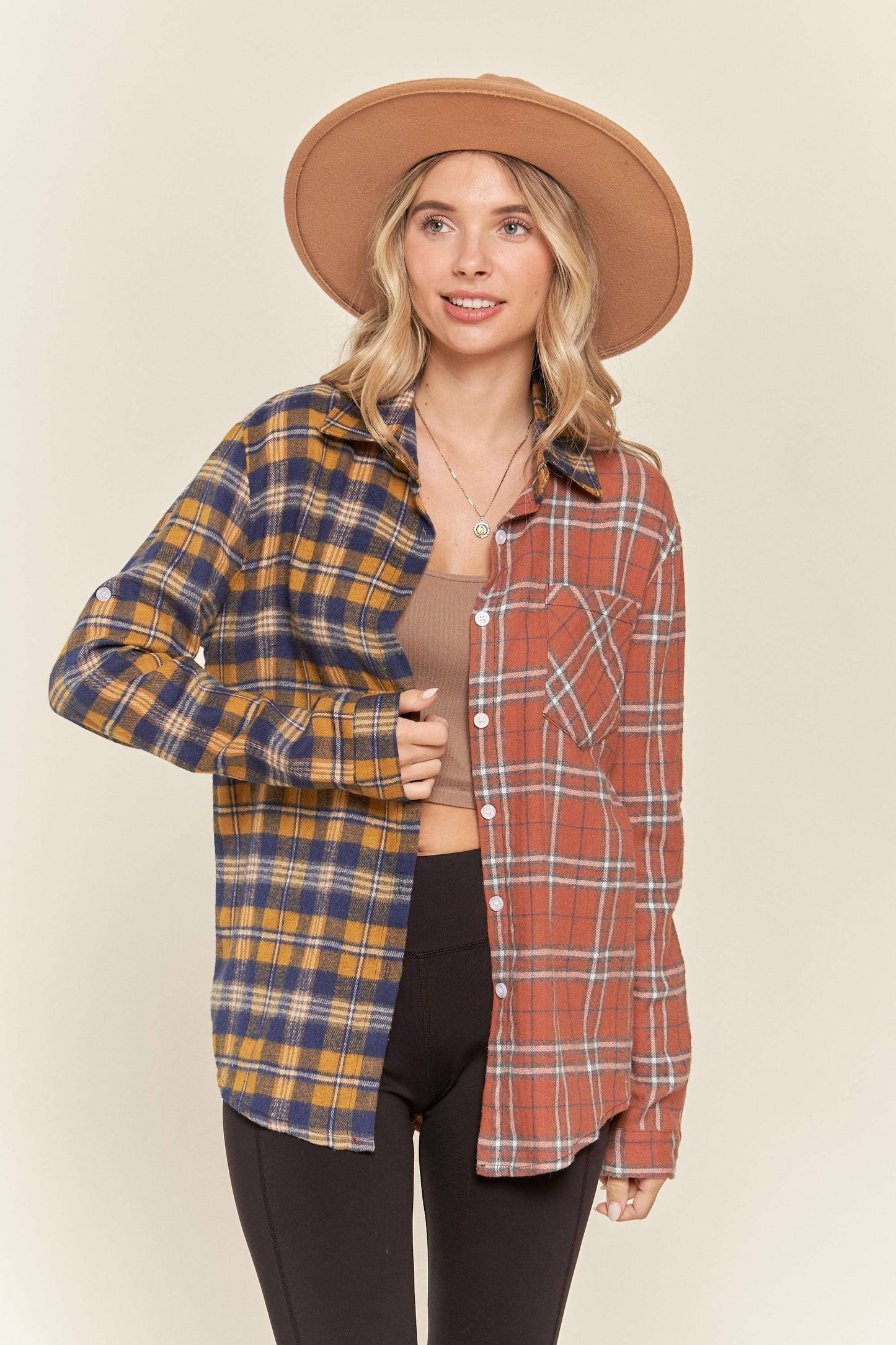 Button down multiple color plaid shirt