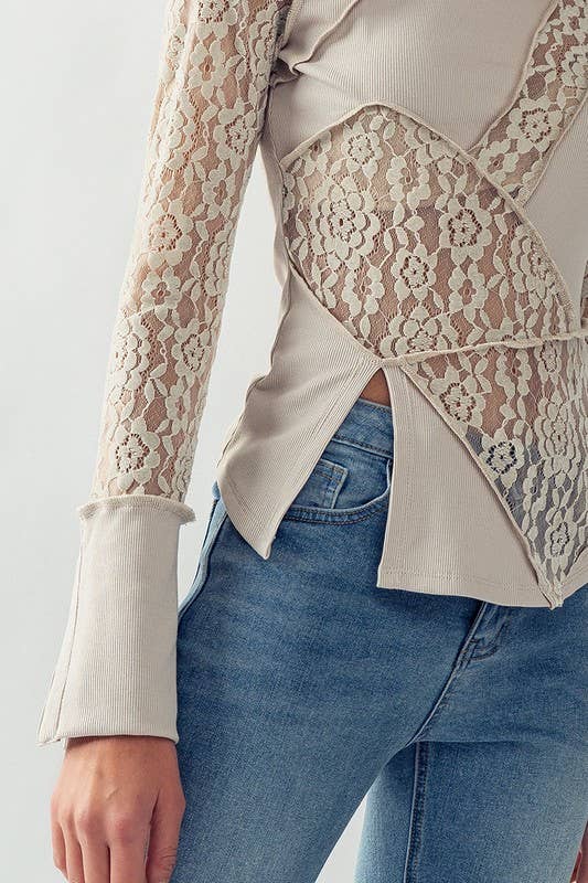 SHEER FLORAL LACE RIBBED CONTRAST TOP IN HEATHER GRAY