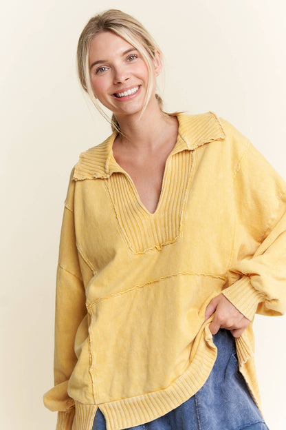 Mineral Wash Widecollar Vneck kangaroo sweatshirt(3 colors)