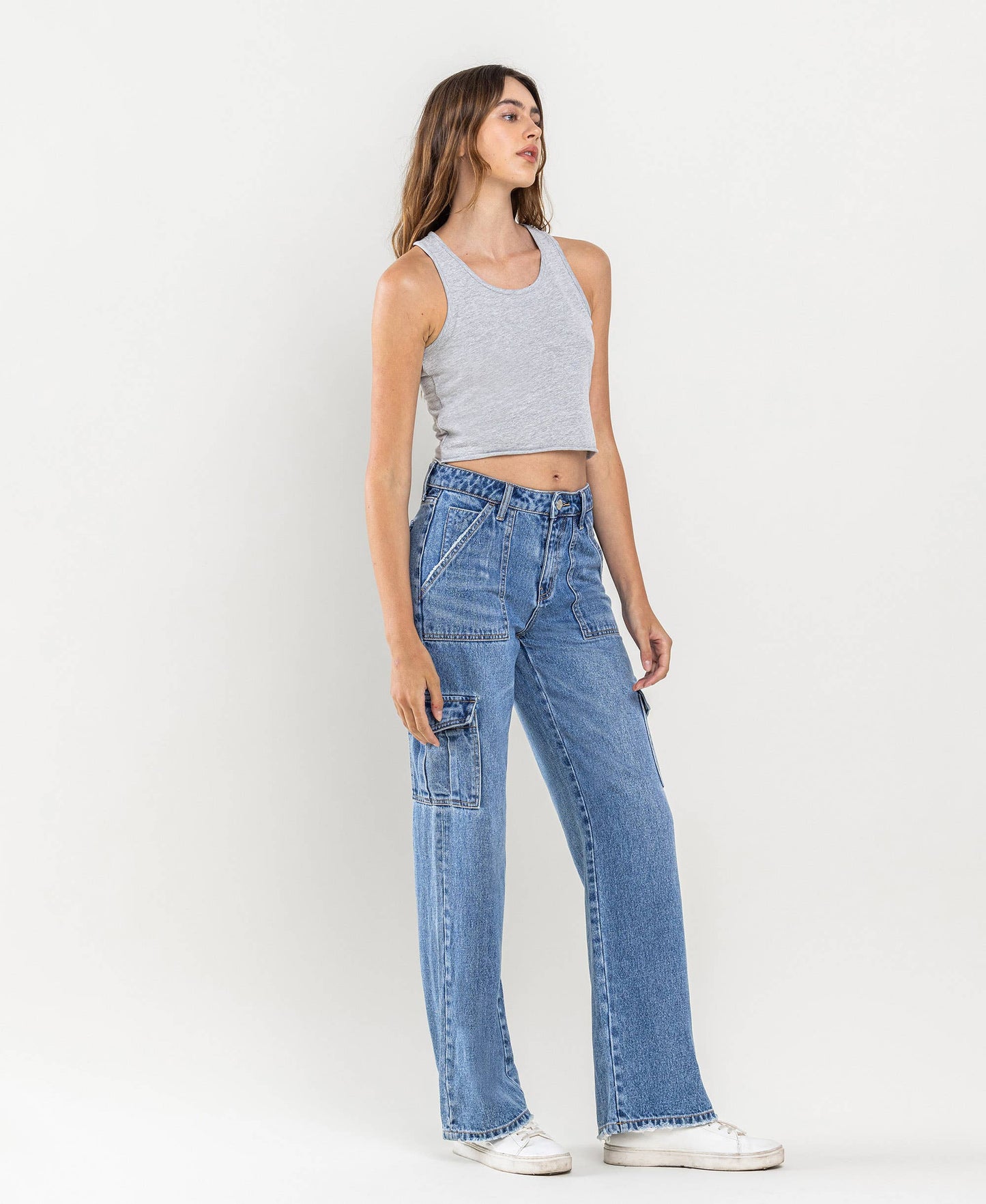 High-rise wide leg cargo blocked jeans