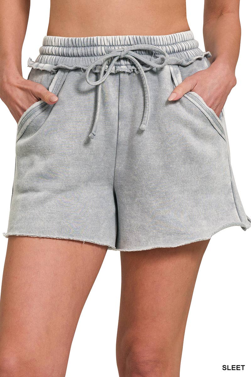 Acid Washed Fleece Drawstring Shorts With Pockets in SLEET