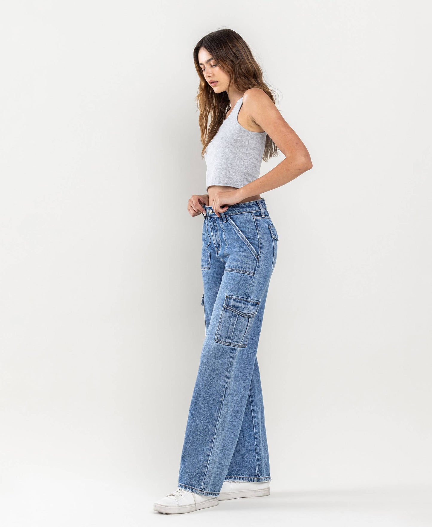 High-rise wide leg cargo blocked jeans