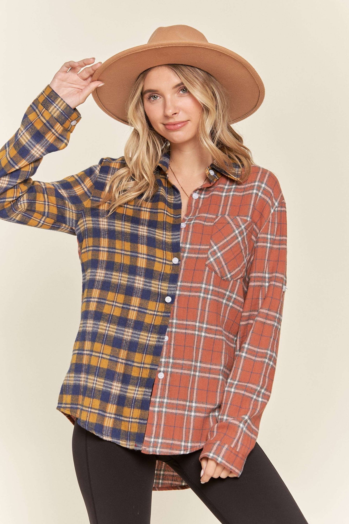 Button down multiple color plaid shirt