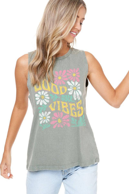 Good Vibes Floral Vintage Graphic Washed Tank: Black or Olive