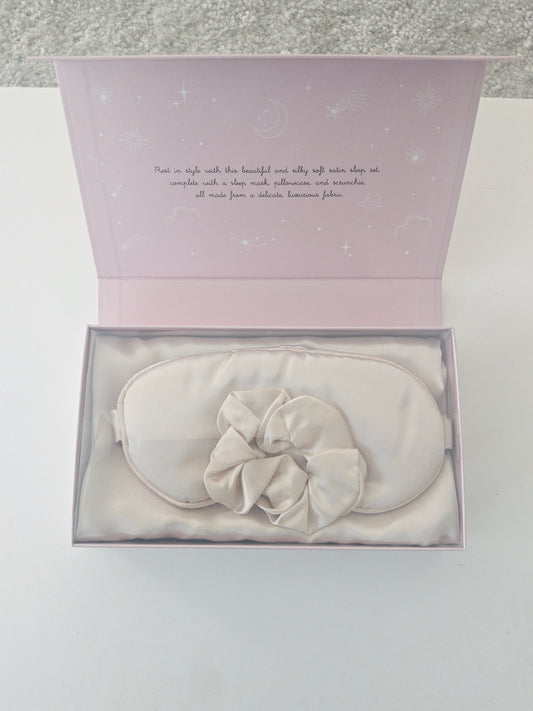 Ivory Satin Sleep set. Pillowcase,EyeMask and Scrunchy by CALA