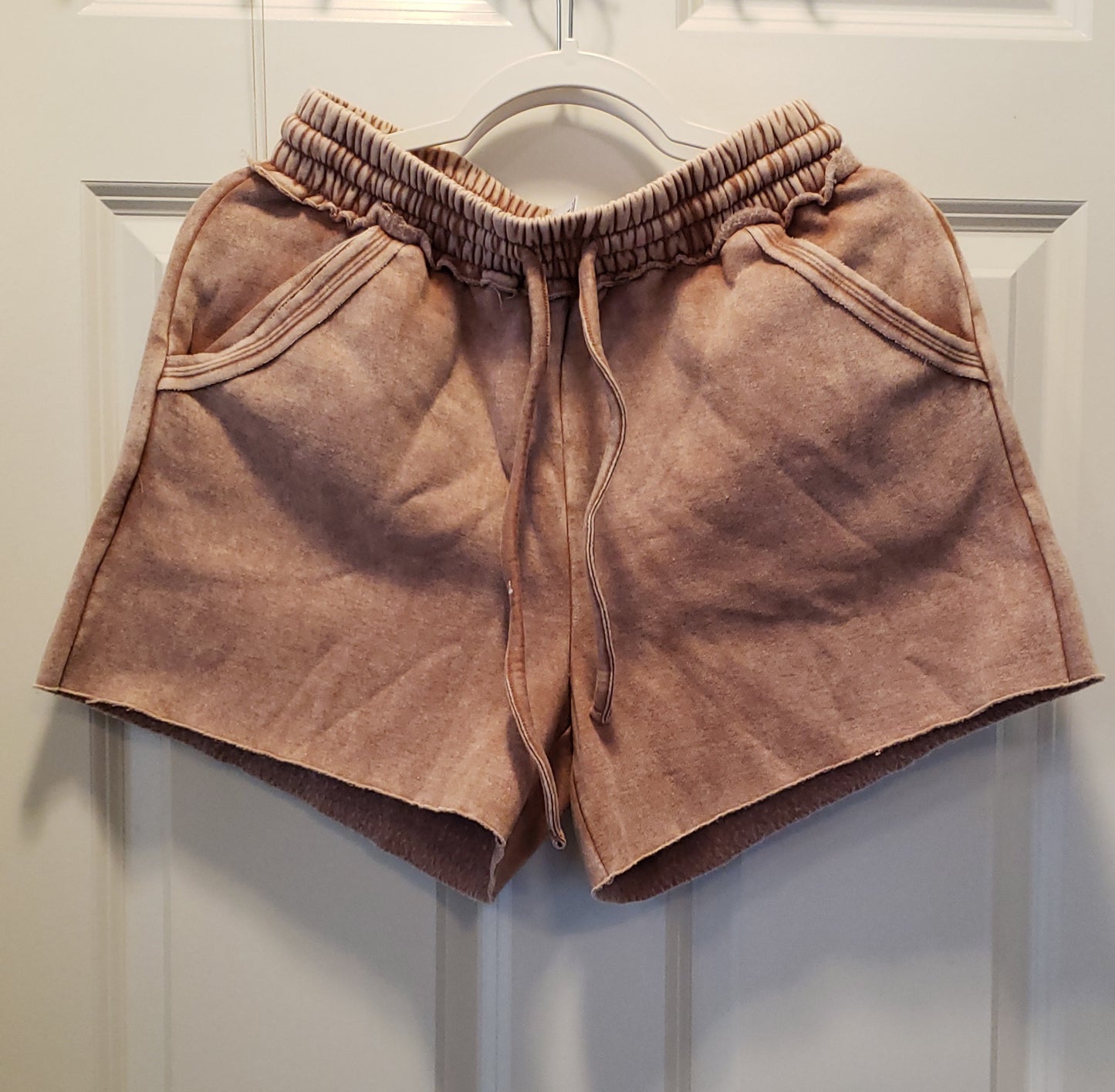 Acid Washed Fleece lined Drawstring Shorts with Pockets in Rust