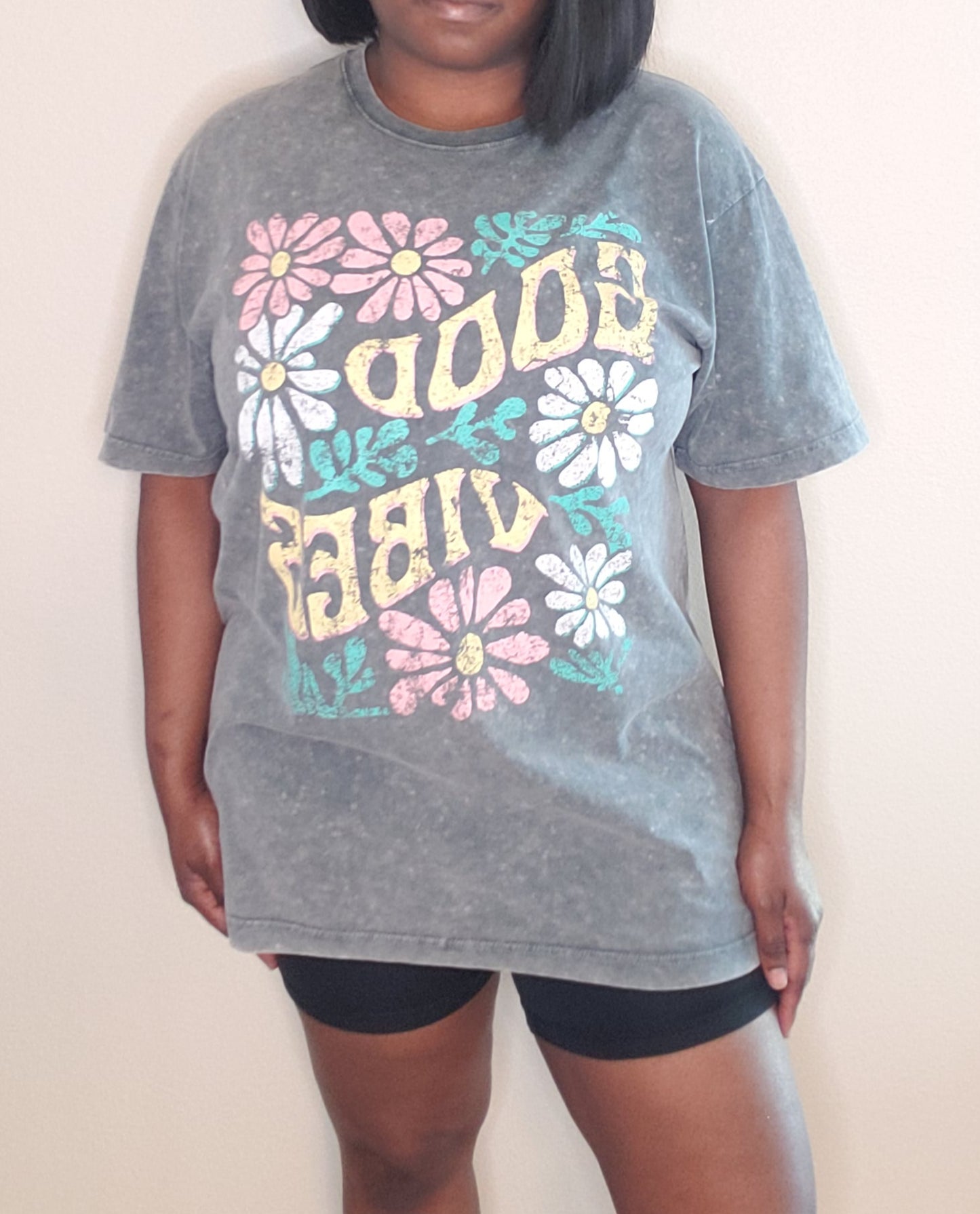 Good Vibes* Floral Vintage Graphic Washed Boyfriend Tee in DENIM