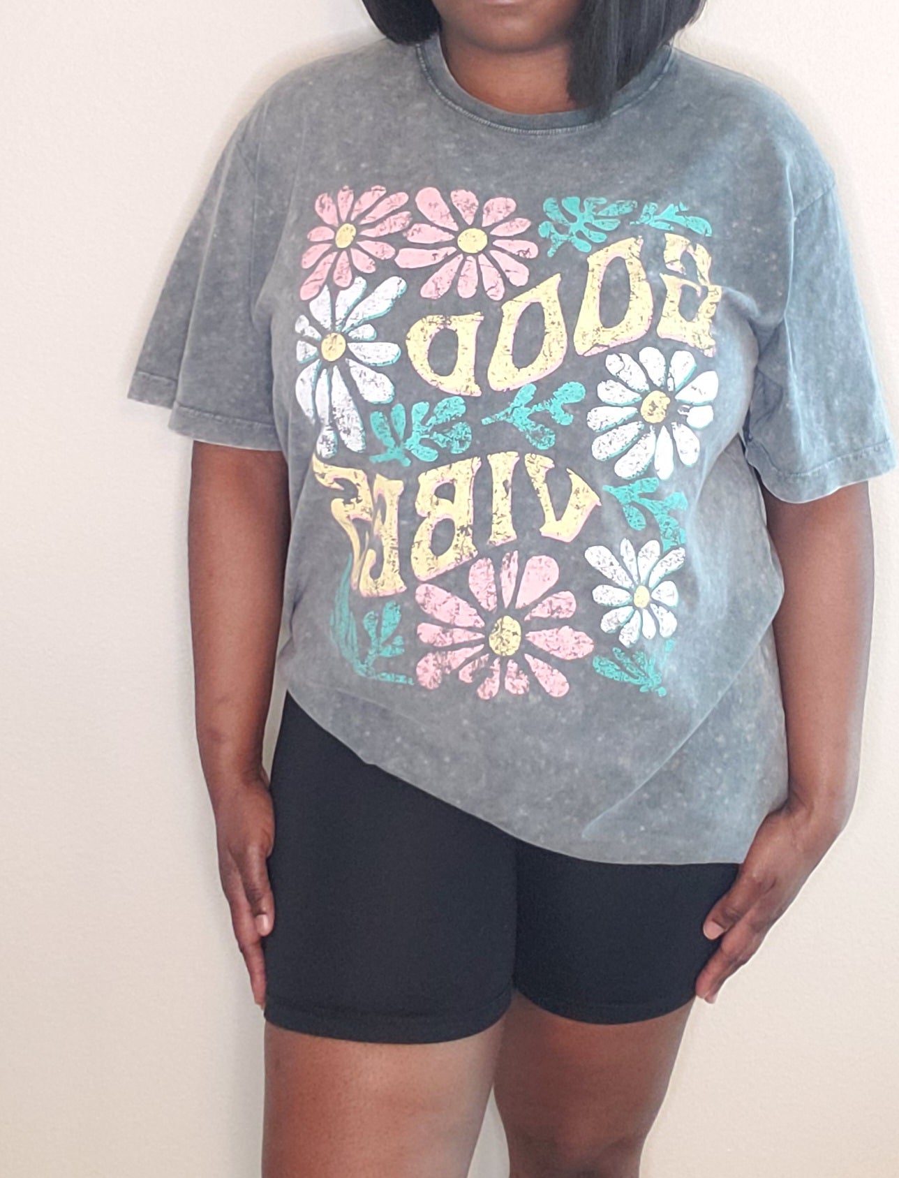 Good Vibes* Floral Vintage Graphic Washed Boyfriend Tee in DENIM