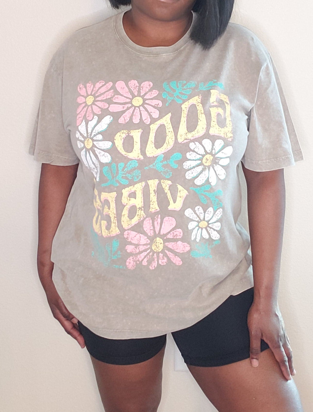 Good Vibes* Floral Vintage Graphic Washed Boyfriend Tee in mocha