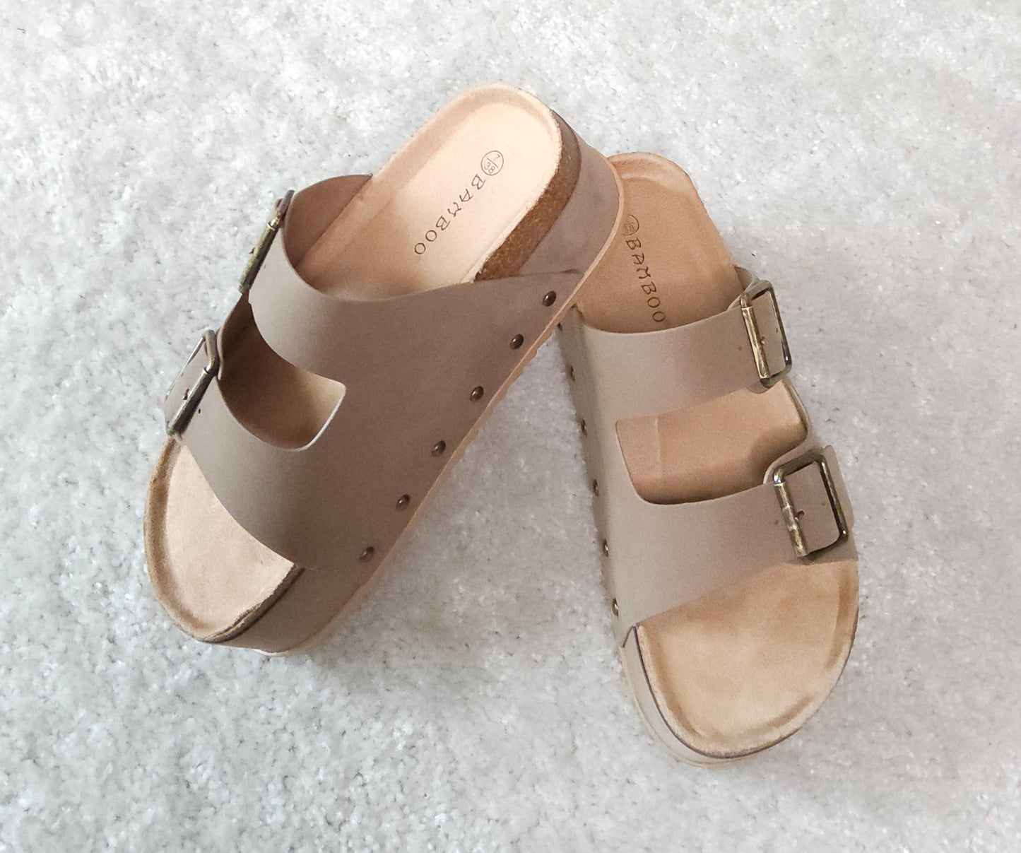 Blowout Double Buckle Platform Sandals in Taupe