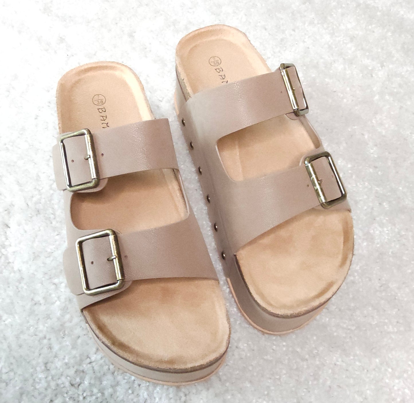 Blowout Double Buckle Platform Sandals in Taupe