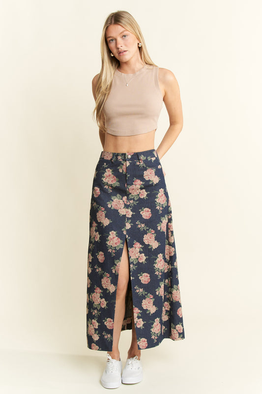 Dark Denim Floral Print Skirt
