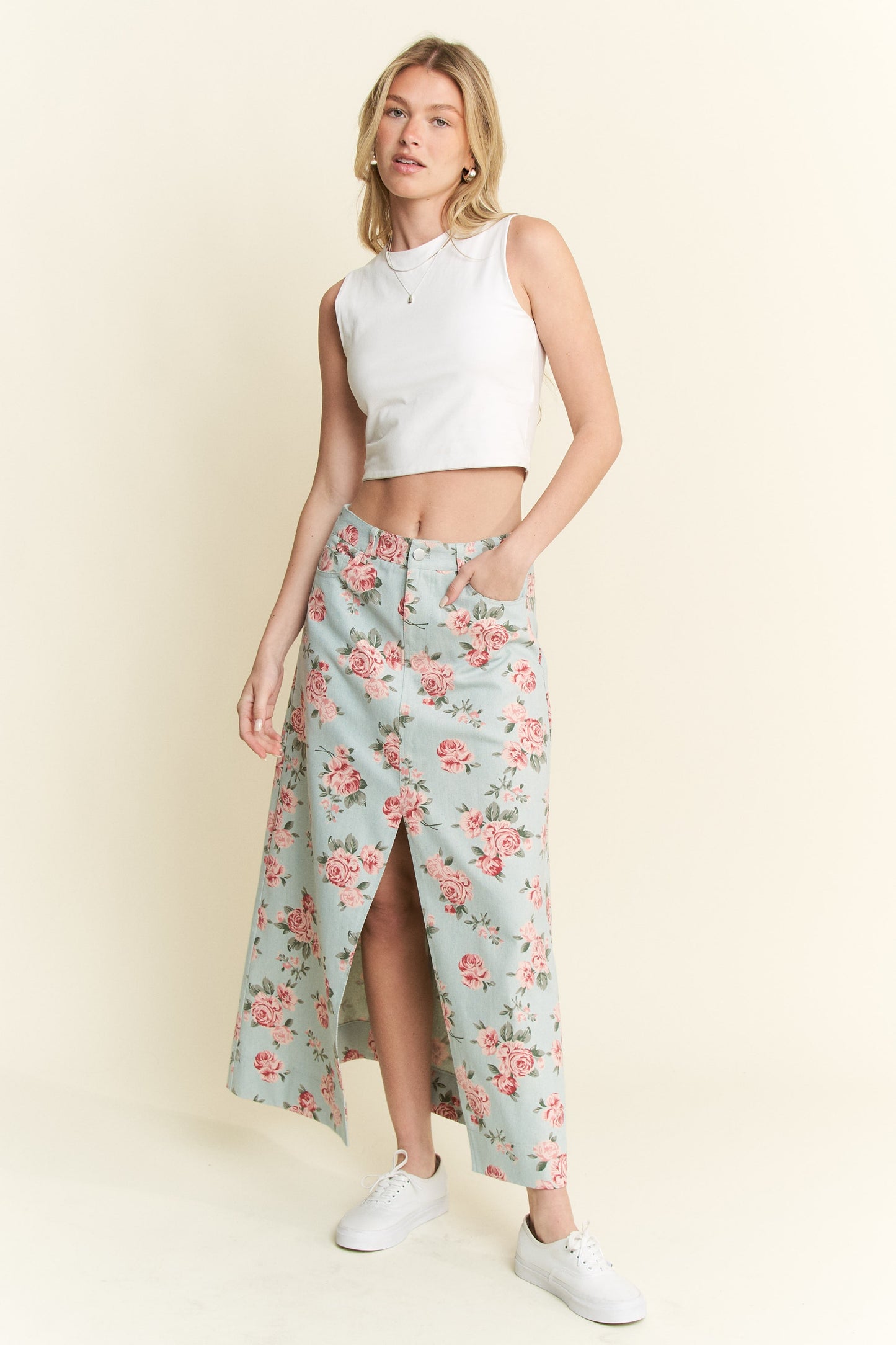 Dark Denim Floral Print Skirt