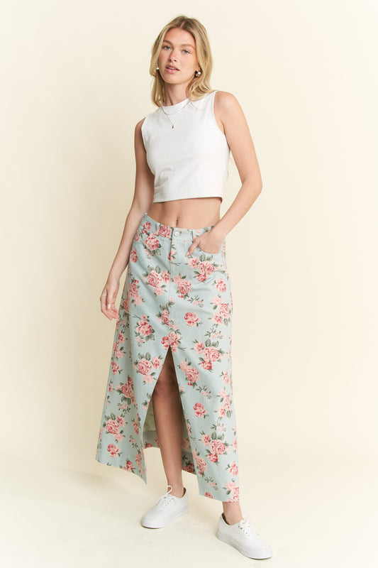 Light Denim Floral Print Skirt