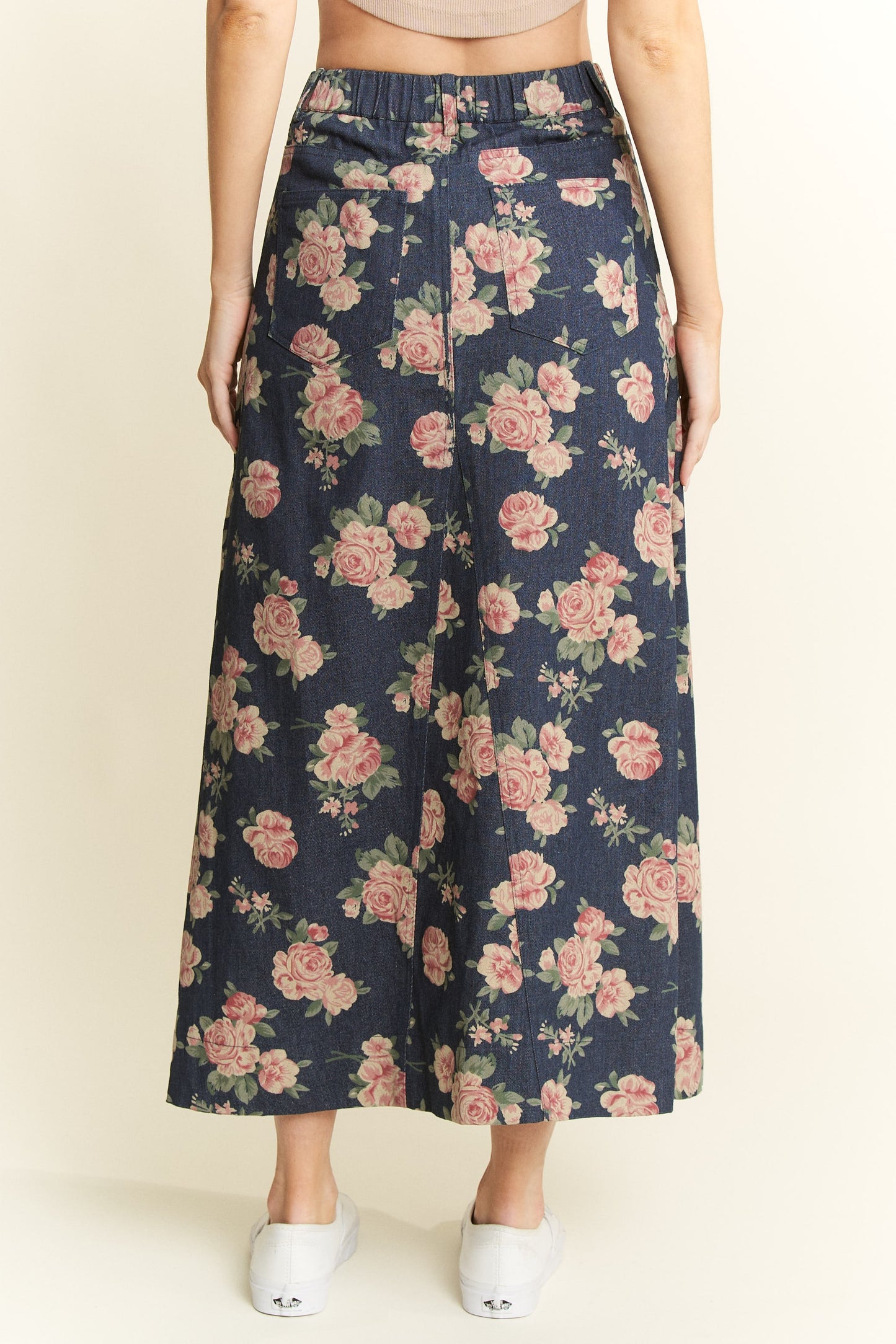 Dark Denim Floral Print Skirt