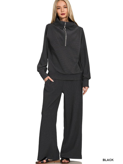 Ribbed High Neck Half Zip Pullover & Pants Set