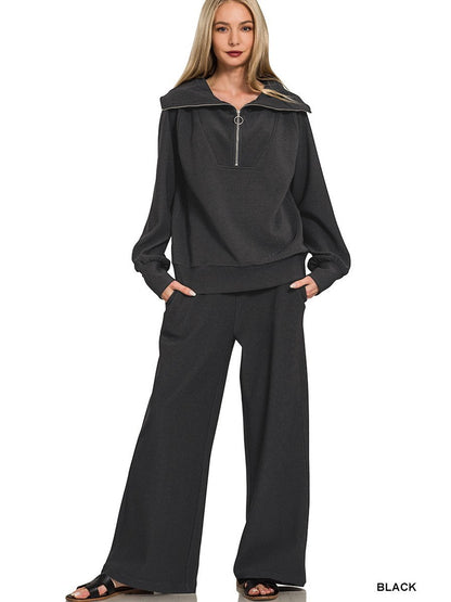 Ribbed High Neck Half Zip Pullover & Pants Set