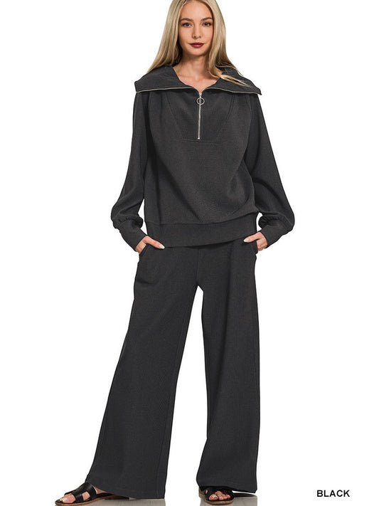Ribbed High Neck Half Zip Pullover & Pants Set