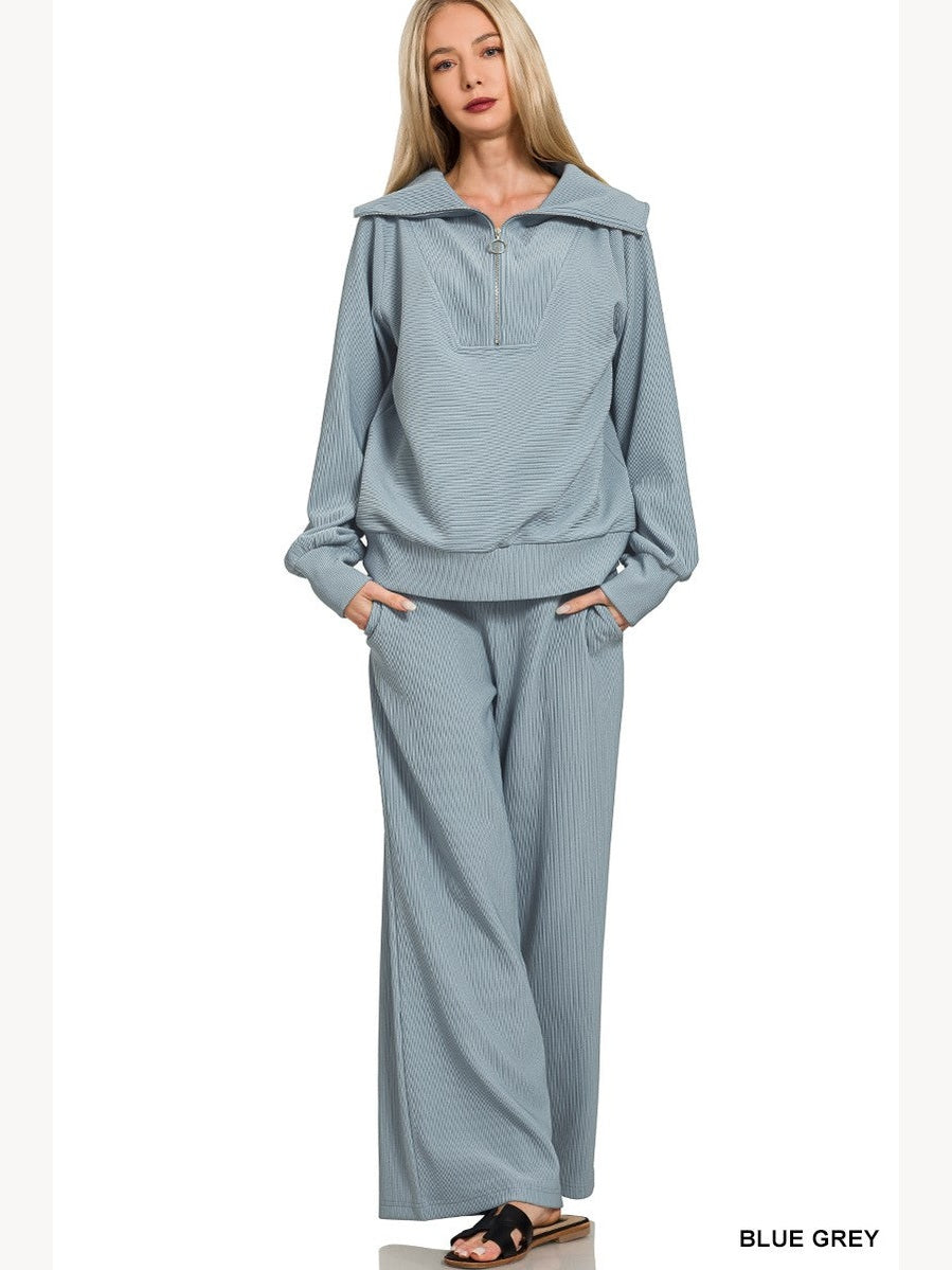 Ribbed High Neck Half Zip Pullover & Pants Set