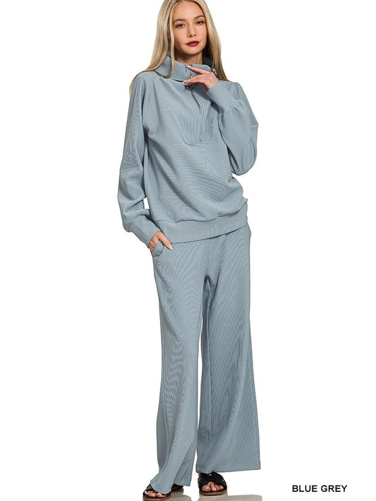 Ribbed High Neck Half Zip Pullover & Pants Set