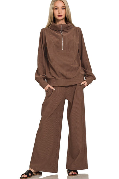 Ribbed High Neck Half Zip Pullover & Pants Set in Brown