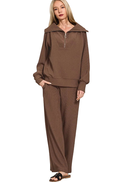 Ribbed High Neck Half Zip Pullover & Pants Set in Brown