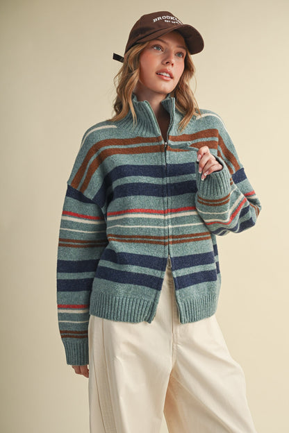 Striped Mock Neck Zip Up Cardigan