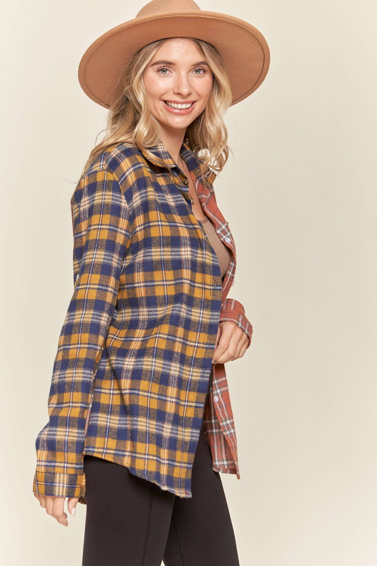 Button down multiple color plaid shirt