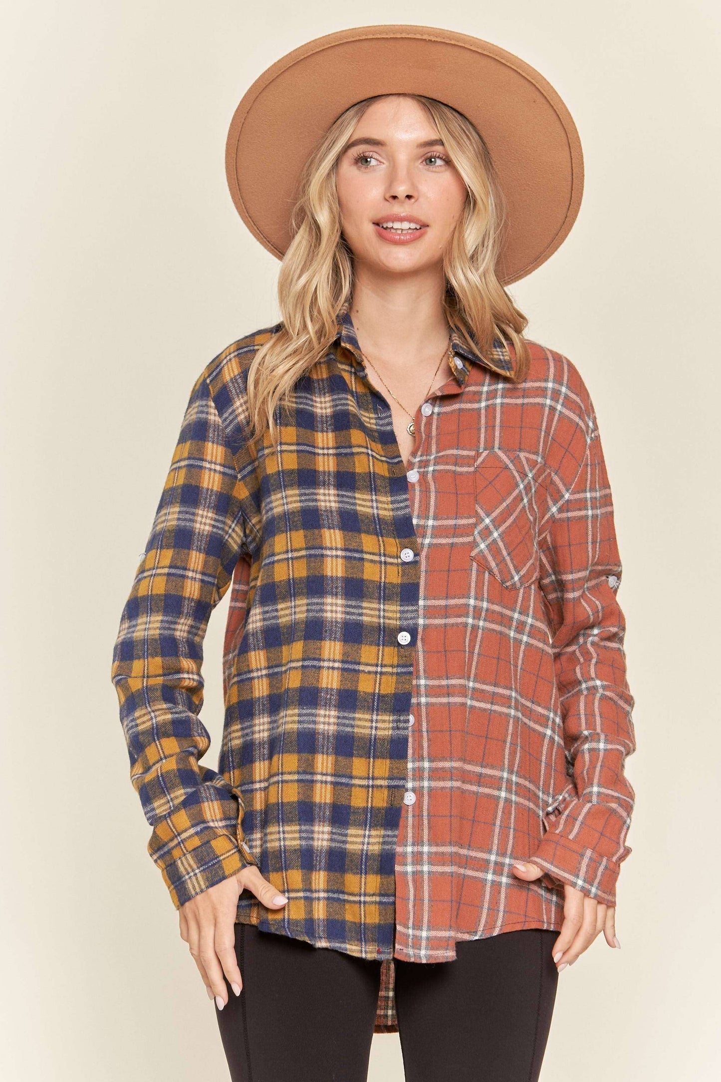 Button down multiple color plaid shirt